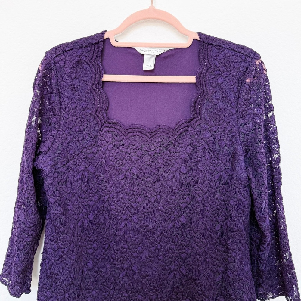 Womens Lace Top XL Petite Purple Scalloped Neck 3/4 Sleeve Romantic Classic - Picture 3 of 8